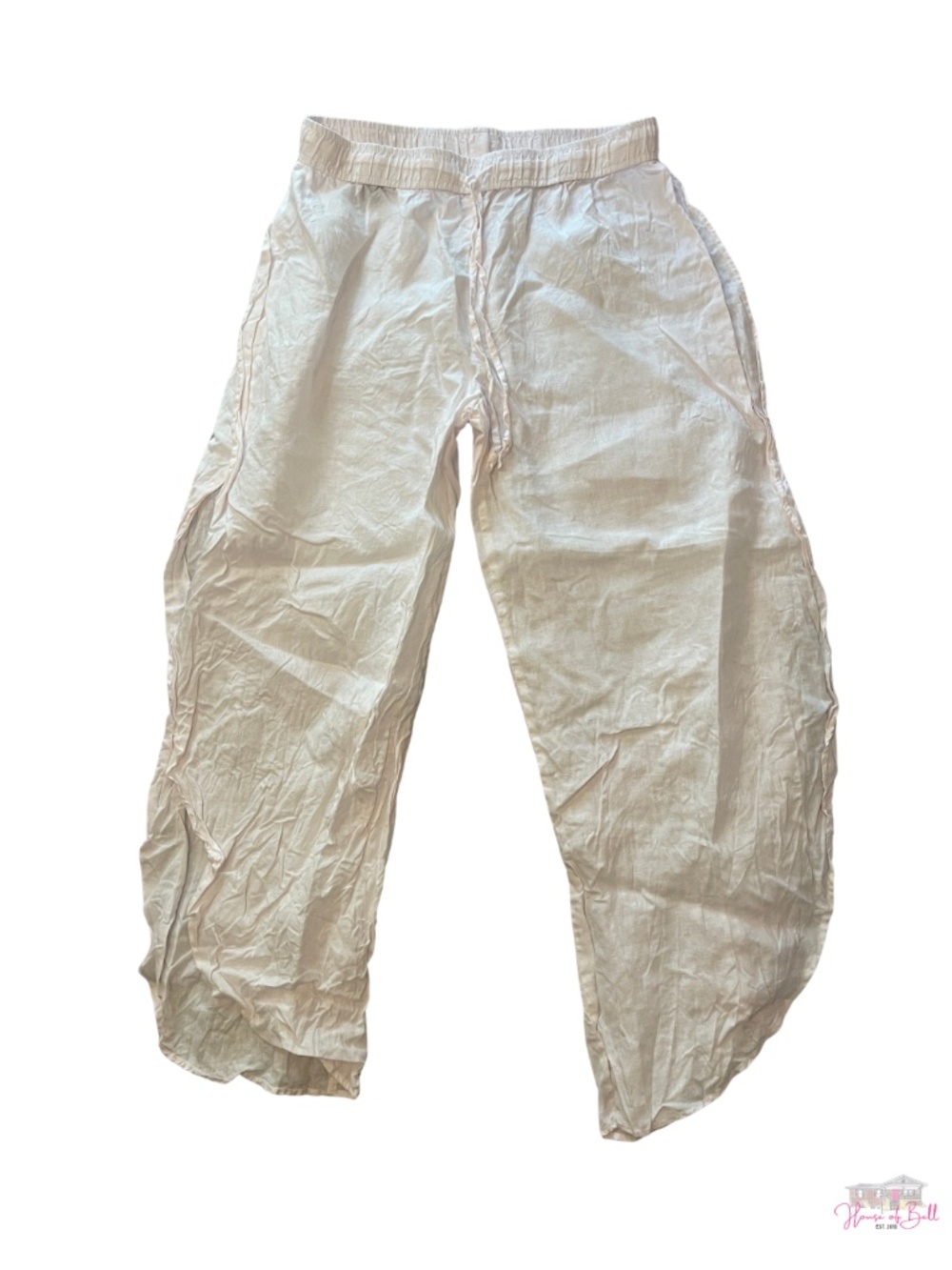 ZARA Pale Pink Linen Blend Split Hem Wide Leg Pants Drawstring Size L
